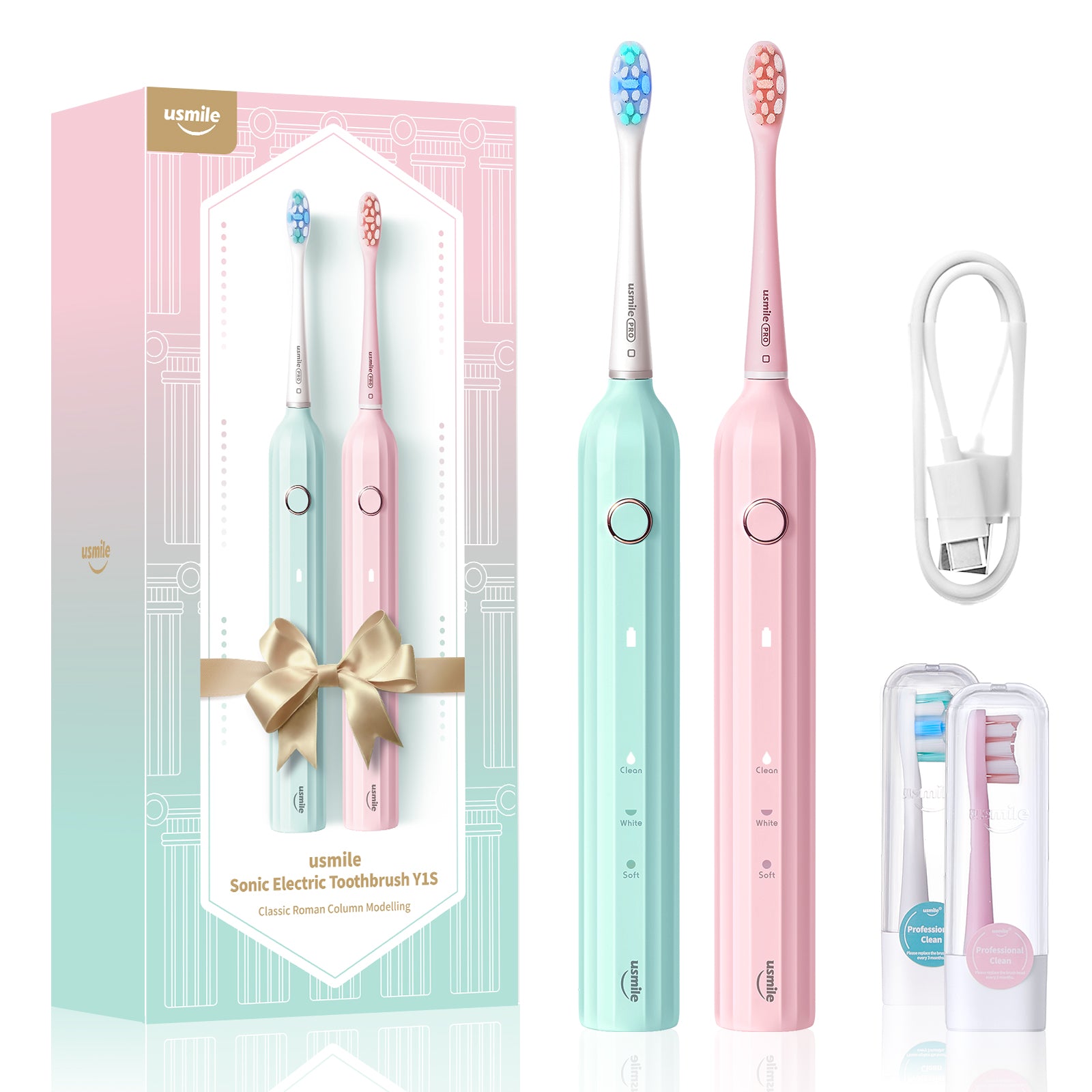usmile Y1s Sonic Electric Toothbrush with 4 Brush Heads, Ergonomic Grip Design, USB-C Fast Charge, 3 Modes with 2 Minutes Smart Timer, Green/Pink